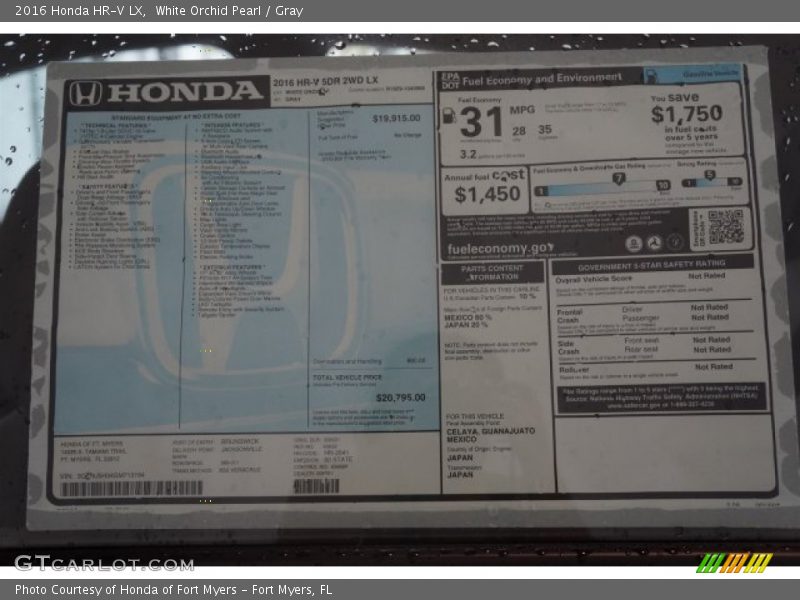 White Orchid Pearl / Gray 2016 Honda HR-V LX