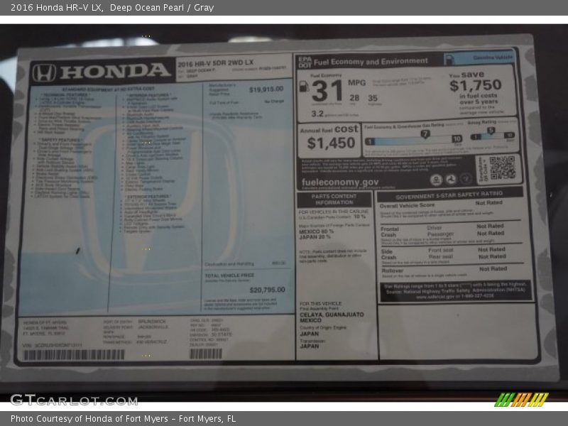 Deep Ocean Pearl / Gray 2016 Honda HR-V LX