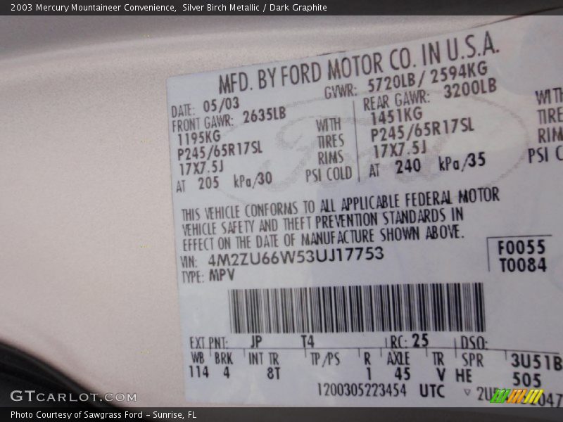 Silver Birch Metallic / Dark Graphite 2003 Mercury Mountaineer Convenience