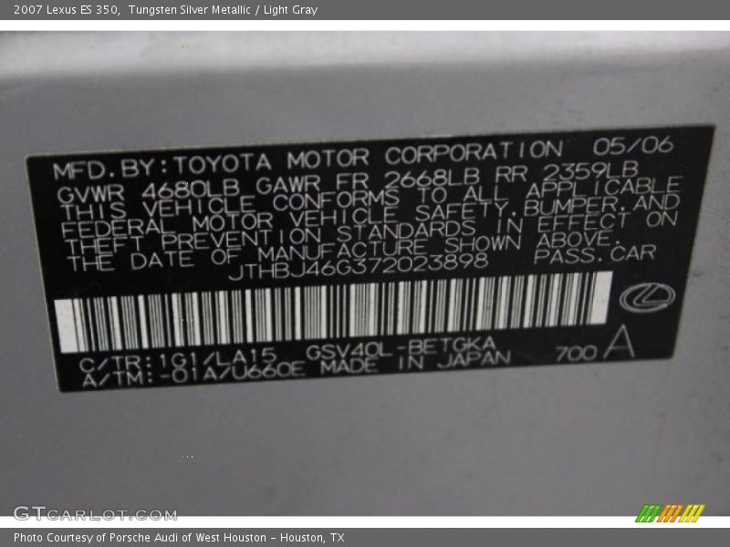 Tungsten Silver Metallic / Light Gray 2007 Lexus ES 350