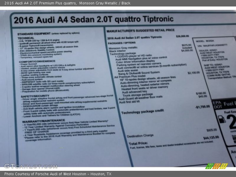 Monsoon Gray Metallic / Black 2016 Audi A4 2.0T Premium Plus quattro