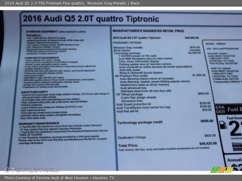 Monsoon Gray Metallic / Black 2016 Audi Q5 2.0 TFSI Premium Plus quattro