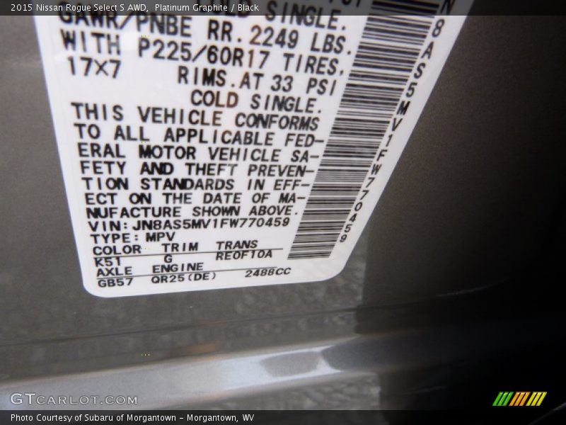 Platinum Graphite / Black 2015 Nissan Rogue Select S AWD