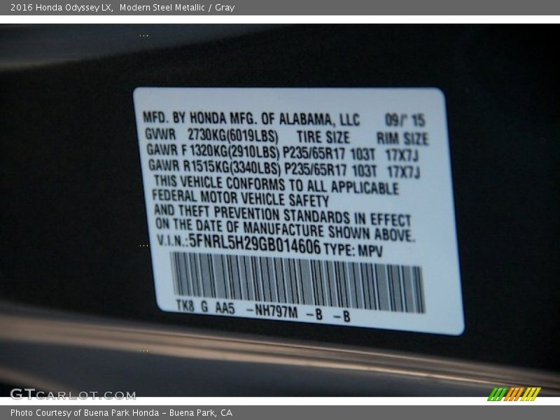 Modern Steel Metallic / Gray 2016 Honda Odyssey LX
