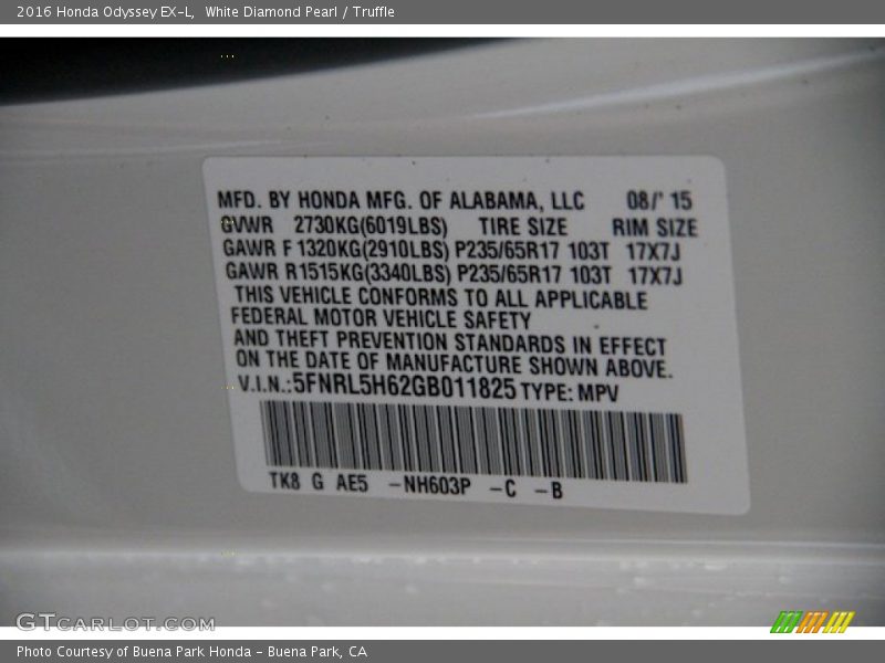 White Diamond Pearl / Truffle 2016 Honda Odyssey EX-L