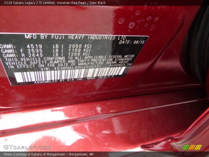 Venetian Red Pearl / Slate Black 2016 Subaru Legacy 2.5i Limited