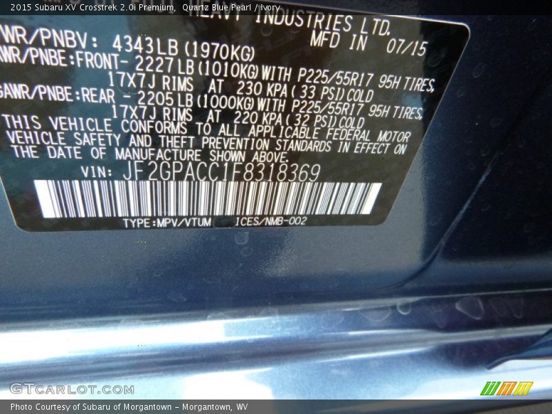 Quartz Blue Pearl / Ivory 2015 Subaru XV Crosstrek 2.0i Premium