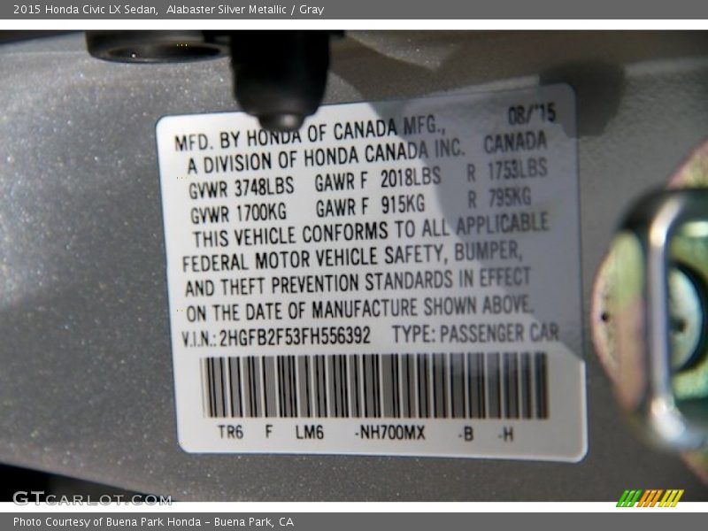 Alabaster Silver Metallic / Gray 2015 Honda Civic LX Sedan