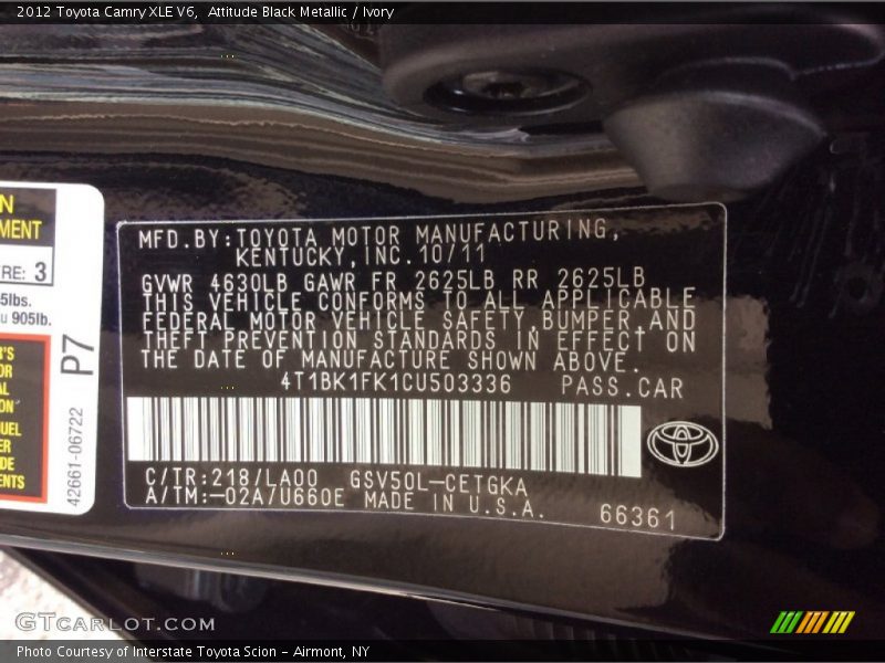 Attitude Black Metallic / Ivory 2012 Toyota Camry XLE V6