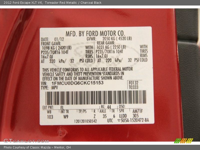 Toreador Red Metallic / Charcoal Black 2012 Ford Escape XLT V6