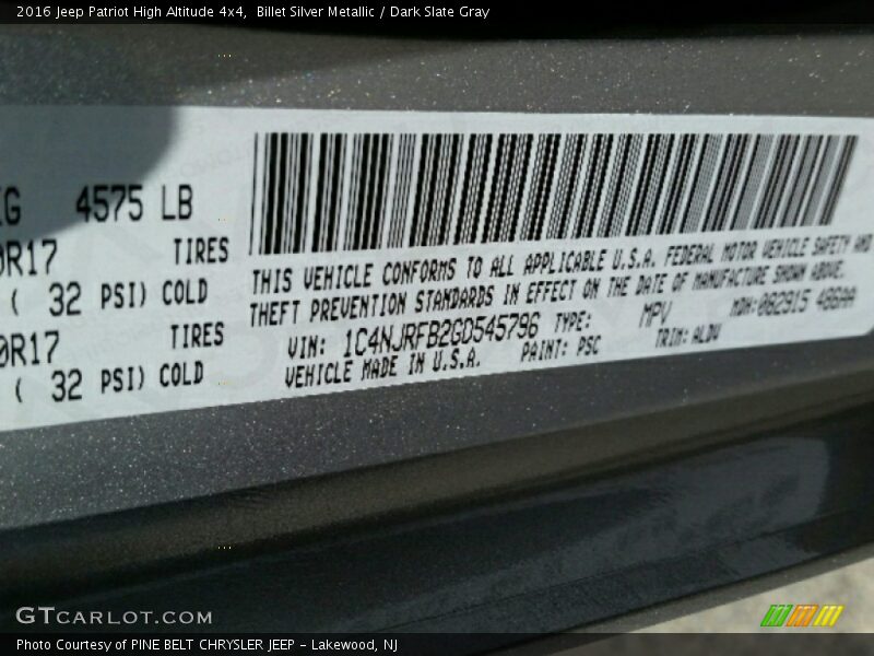 2016 Patriot High Altitude 4x4 Billet Silver Metallic Color Code PSC