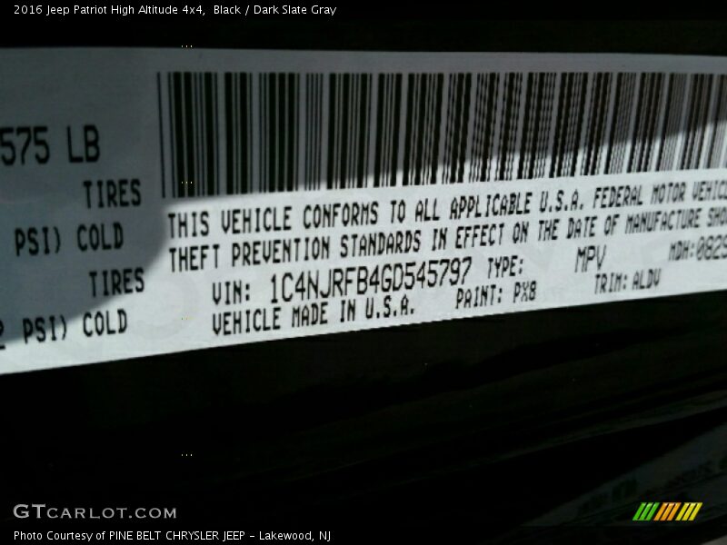 2016 Patriot High Altitude 4x4 Black Color Code PX8