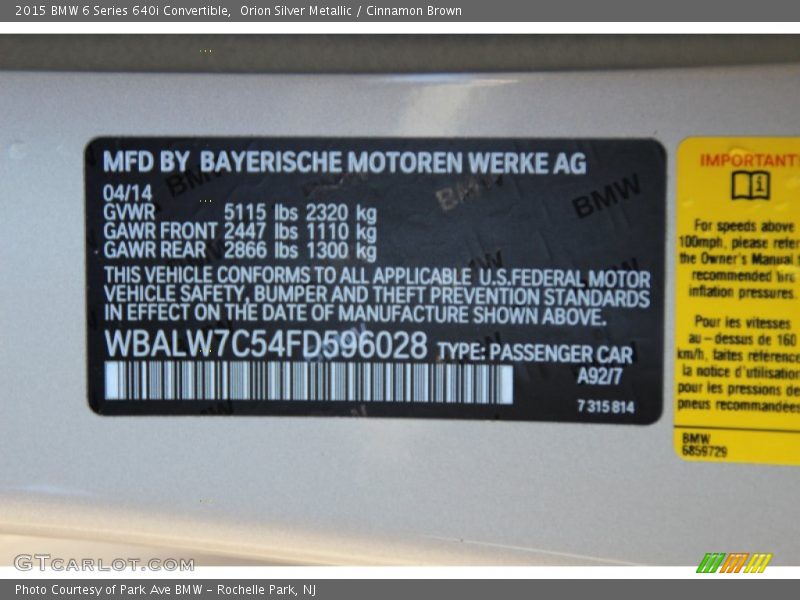 Orion Silver Metallic / Cinnamon Brown 2015 BMW 6 Series 640i Convertible