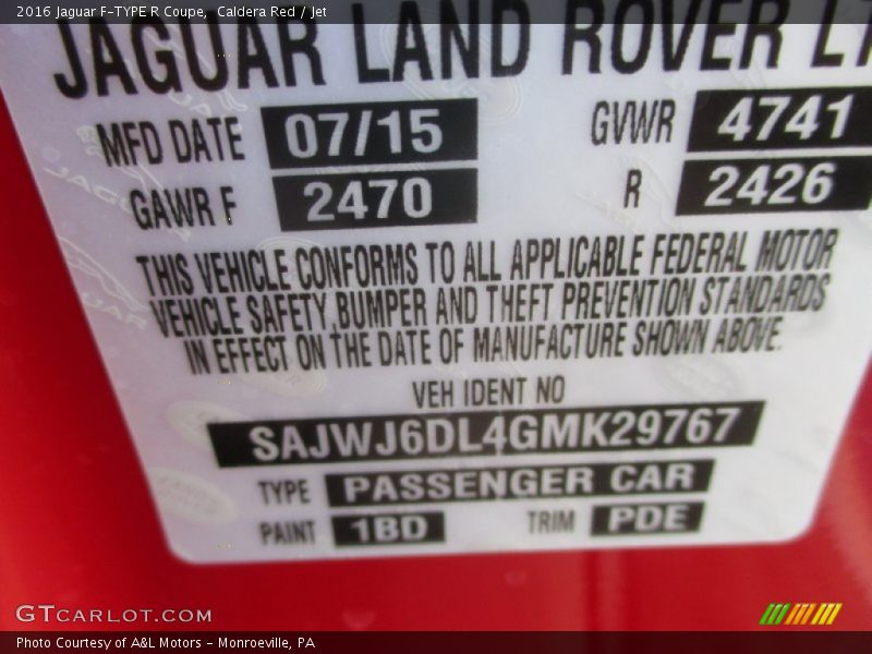 2016 F-TYPE R Coupe Caldera Red Color Code 1BD