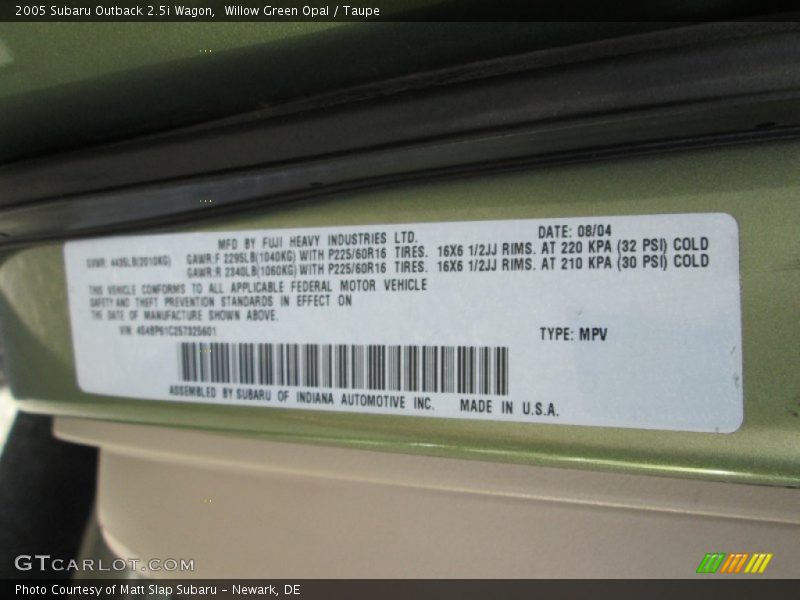 Willow Green Opal / Taupe 2005 Subaru Outback 2.5i Wagon