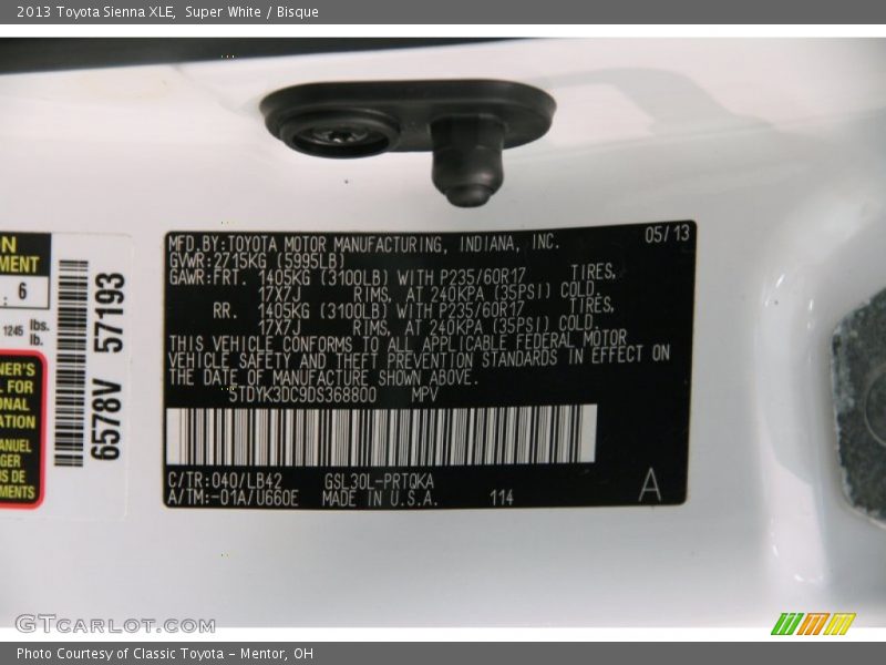 Super White / Bisque 2013 Toyota Sienna XLE