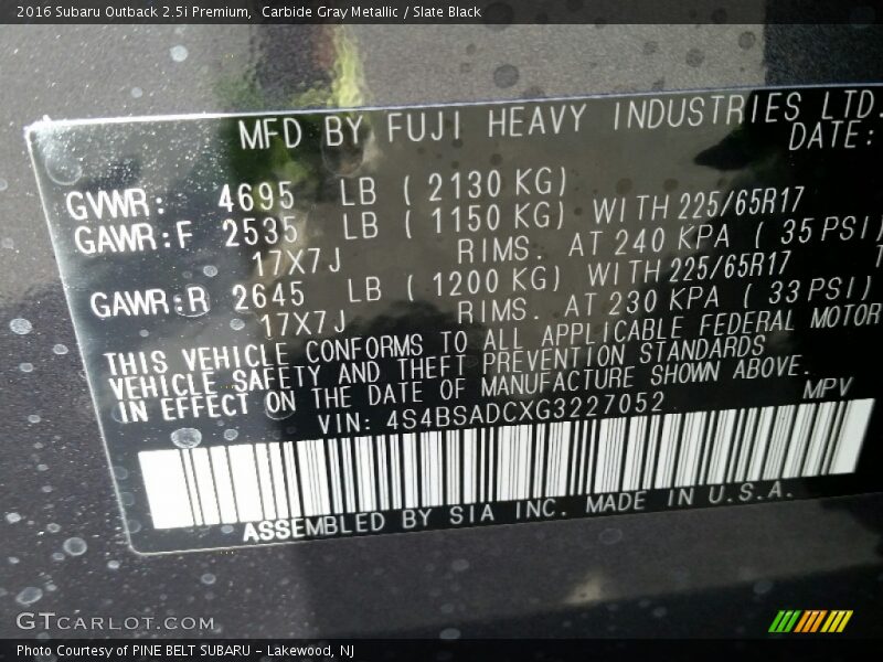 Carbide Gray Metallic / Slate Black 2016 Subaru Outback 2.5i Premium