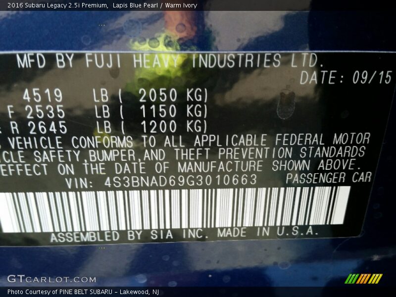 Lapis Blue Pearl / Warm Ivory 2016 Subaru Legacy 2.5i Premium