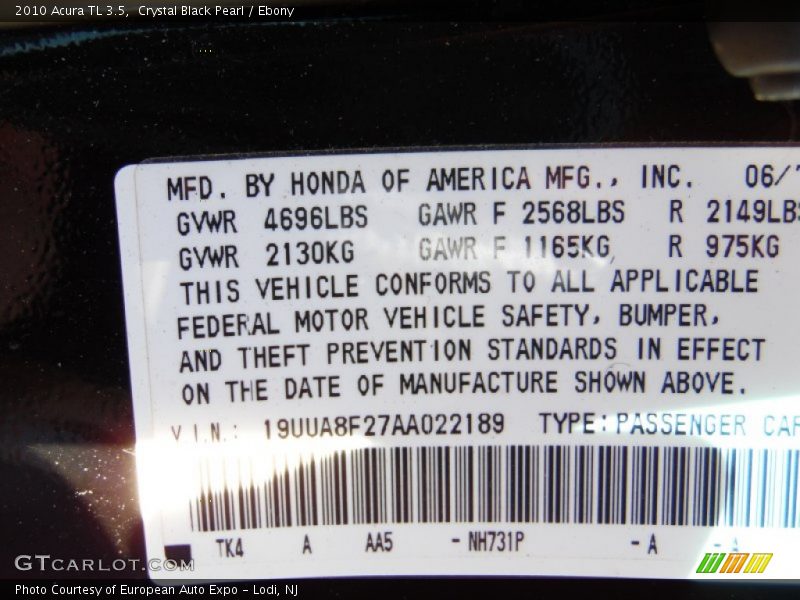 Crystal Black Pearl / Ebony 2010 Acura TL 3.5
