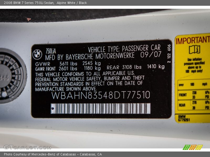 Alpine White / Black 2008 BMW 7 Series 750Li Sedan