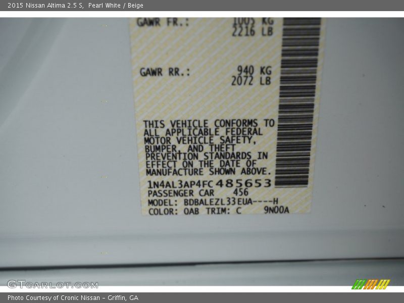 Pearl White / Beige 2015 Nissan Altima 2.5 S