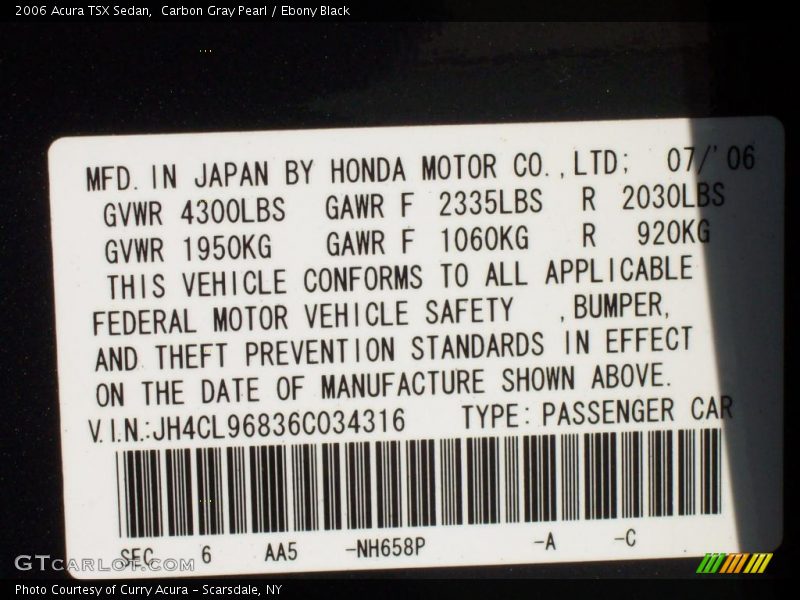 Carbon Gray Pearl / Ebony Black 2006 Acura TSX Sedan