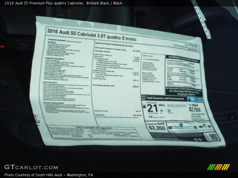  2016 S5 Premium Plus quattro Cabriolet Window Sticker