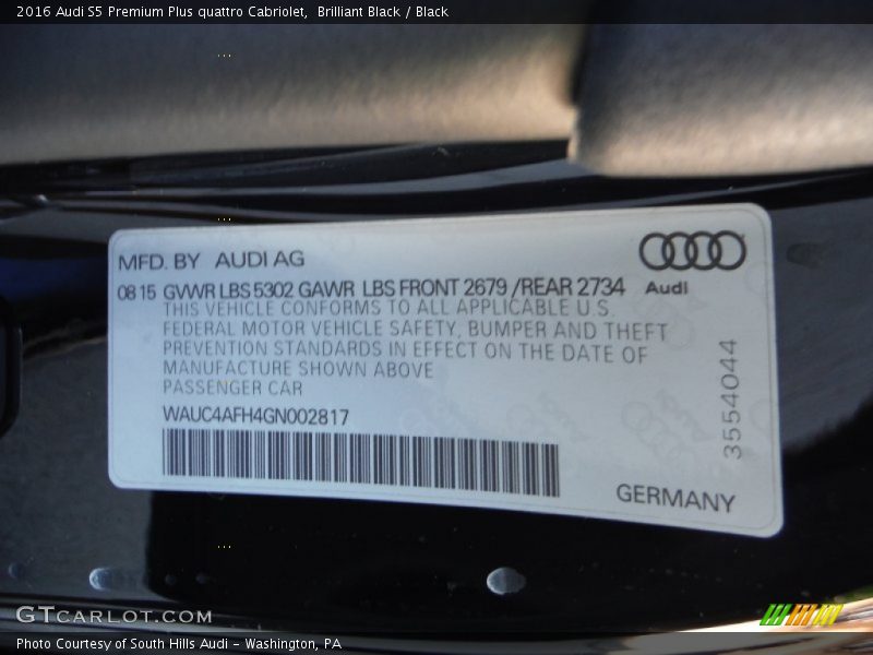 Brilliant Black / Black 2016 Audi S5 Premium Plus quattro Cabriolet