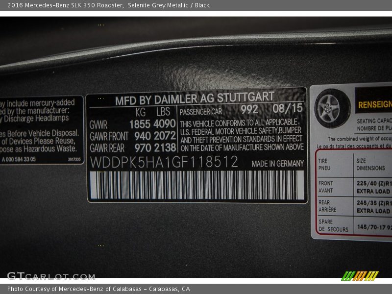 2016 SLK 350 Roadster Selenite Grey Metallic Color Code 992