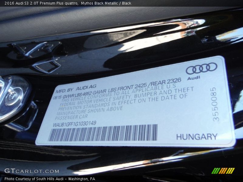 Mythos Black Metallic / Black 2016 Audi S3 2.0T Premium Plus quattro
