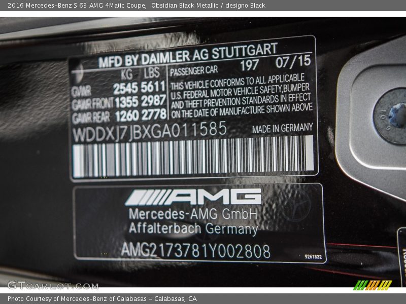 2016 S 63 AMG 4Matic Coupe Obsidian Black Metallic Color Code 197