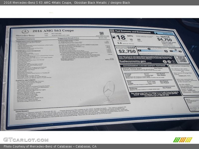  2016 S 63 AMG 4Matic Coupe Window Sticker