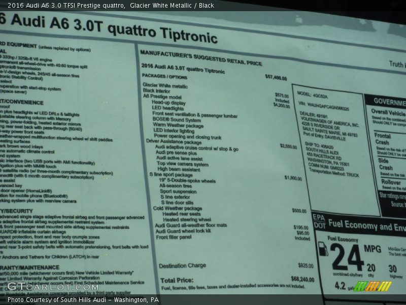 Glacier White Metallic / Black 2016 Audi A6 3.0 TFSI Prestige quattro