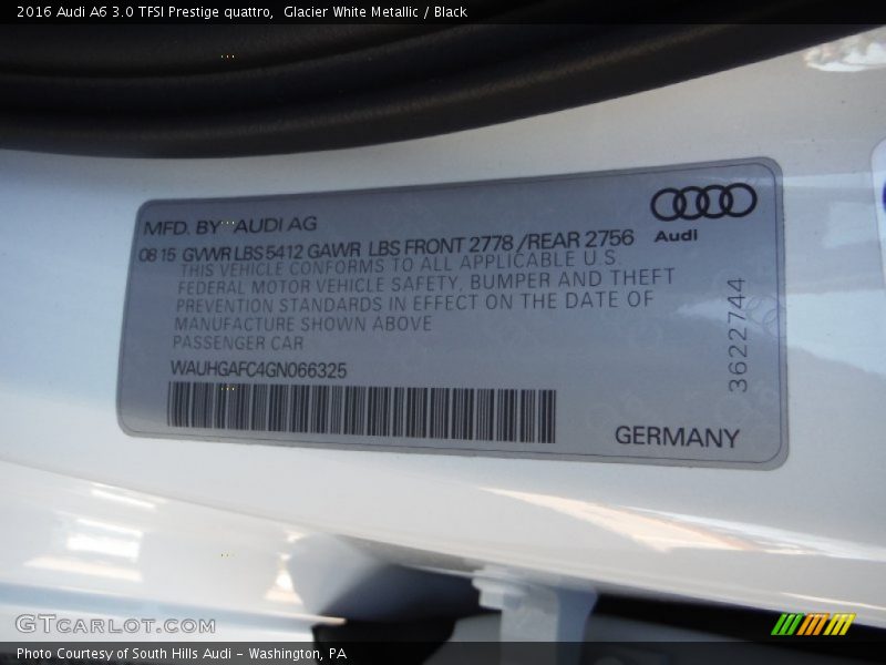 Glacier White Metallic / Black 2016 Audi A6 3.0 TFSI Prestige quattro
