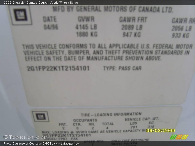 Arctic White / Beige 1996 Chevrolet Camaro Coupe