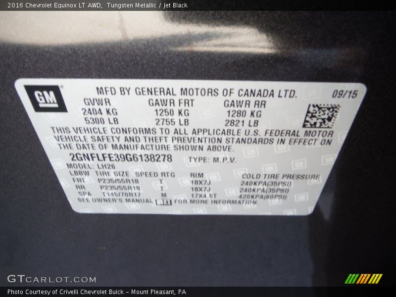 Tungsten Metallic / Jet Black 2016 Chevrolet Equinox LT AWD