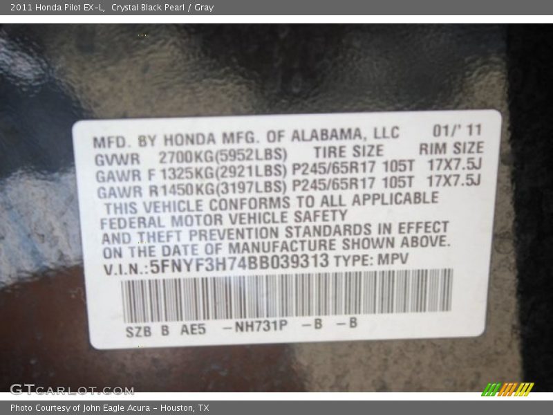 Crystal Black Pearl / Gray 2011 Honda Pilot EX-L