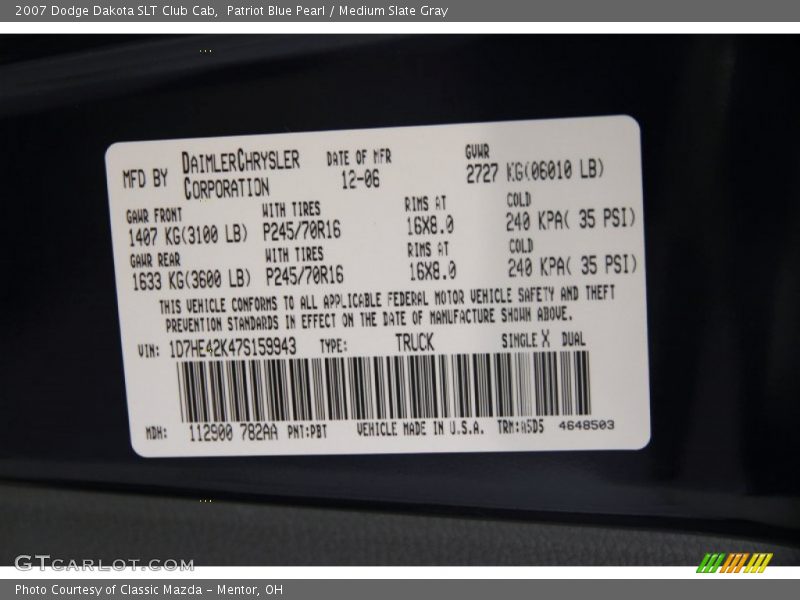 Patriot Blue Pearl / Medium Slate Gray 2007 Dodge Dakota SLT Club Cab