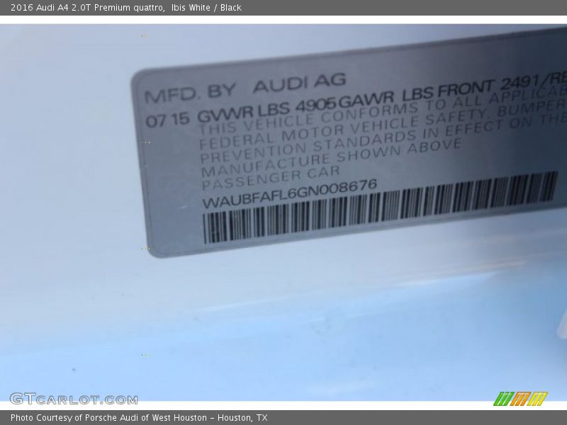 Ibis White / Black 2016 Audi A4 2.0T Premium quattro