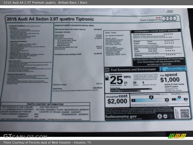  2016 A4 2.0T Premium quattro Window Sticker