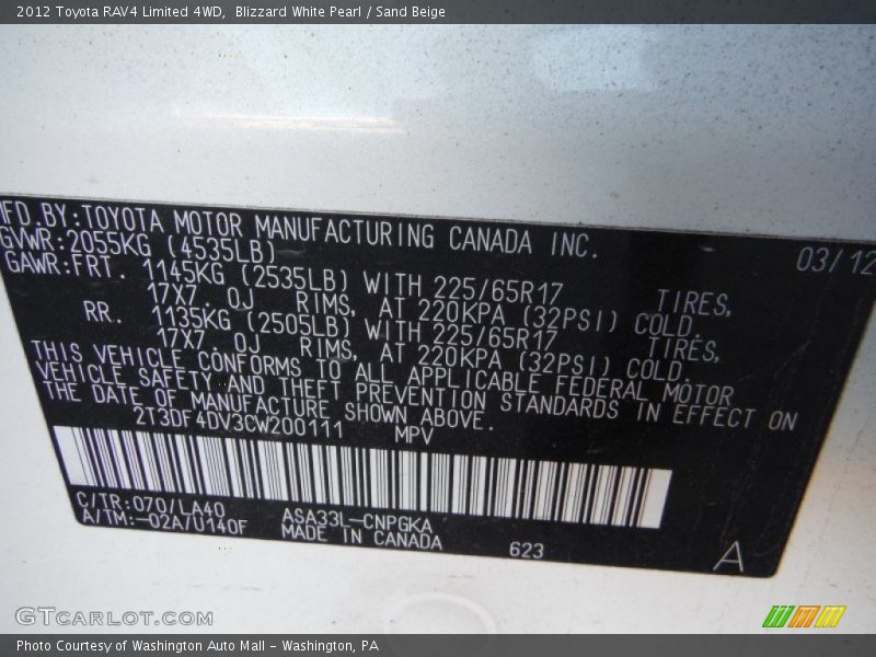 Blizzard White Pearl / Sand Beige 2012 Toyota RAV4 Limited 4WD