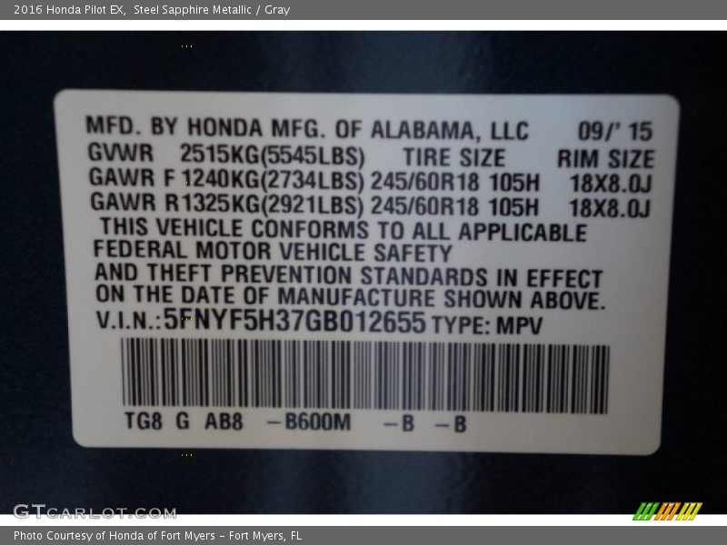 2016 Pilot EX Steel Sapphire Metallic Color Code B600M