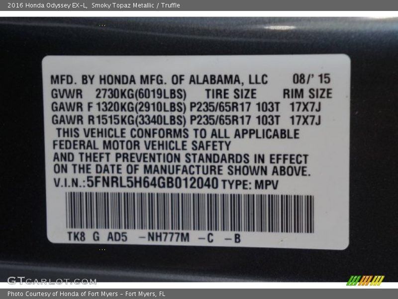 Smoky Topaz Metallic / Truffle 2016 Honda Odyssey EX-L