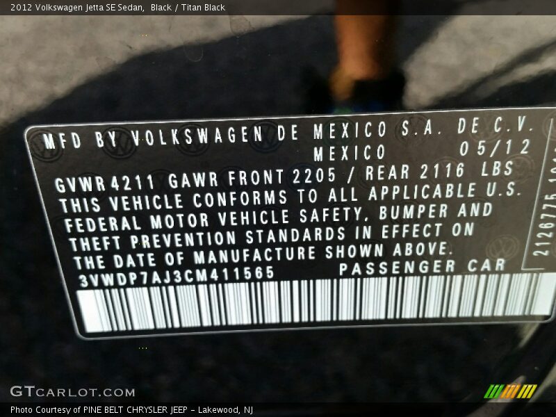 Black / Titan Black 2012 Volkswagen Jetta SE Sedan