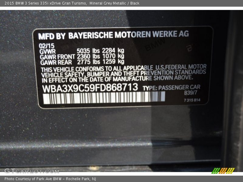 Mineral Grey Metallic / Black 2015 BMW 3 Series 335i xDrive Gran Turismo