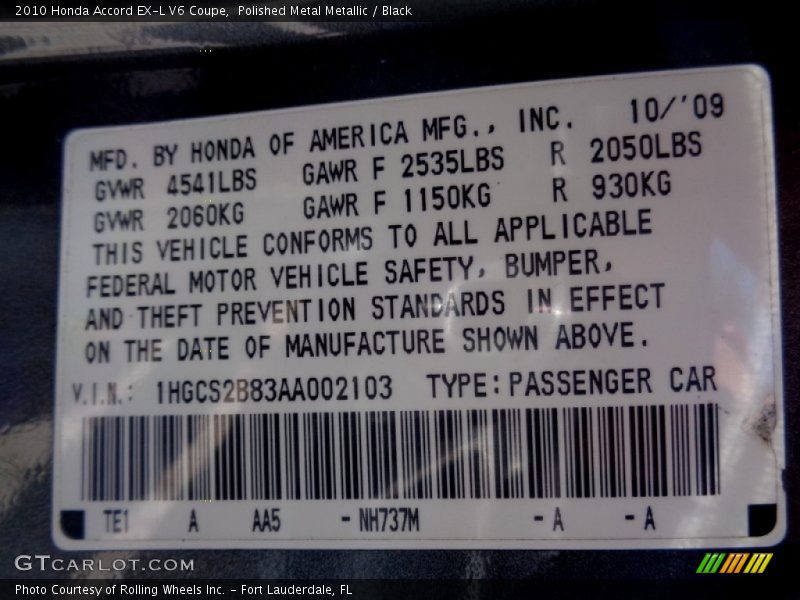 Polished Metal Metallic / Black 2010 Honda Accord EX-L V6 Coupe