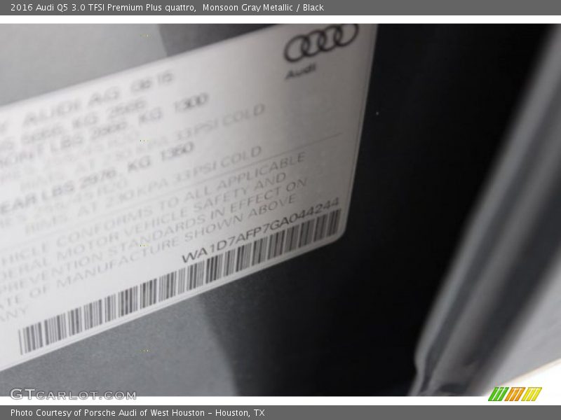 Monsoon Gray Metallic / Black 2016 Audi Q5 3.0 TFSI Premium Plus quattro