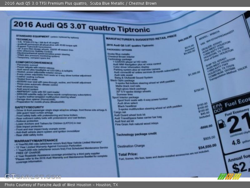 Scuba Blue Metallic / Chestnut Brown 2016 Audi Q5 3.0 TFSI Premium Plus quattro