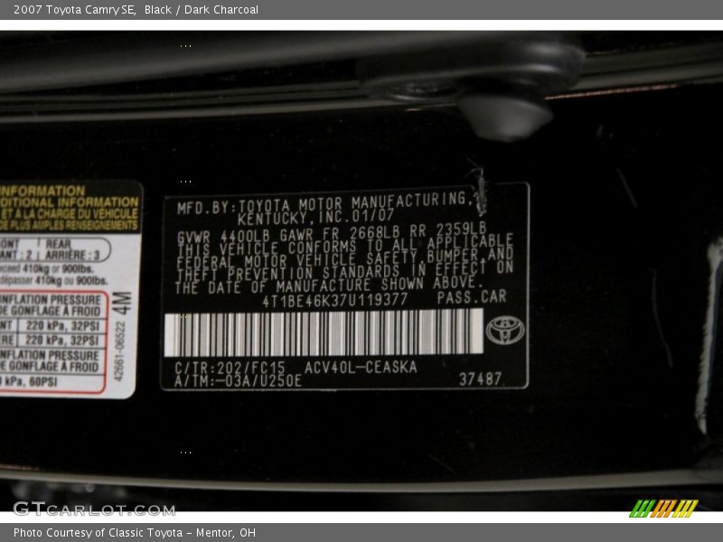 Black / Dark Charcoal 2007 Toyota Camry SE