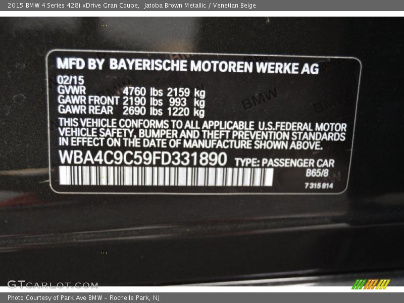 2015 4 Series 428i xDrive Gran Coupe Jatoba Brown Metallic Color Code B65